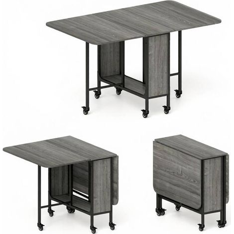 Table à manger pliante à roulettes avec plateau extensible, étagère de rangement et coins arrondis, gris, idéale pour 6 personnes pour cuisine et petit espace - CHICFURN (1/5)