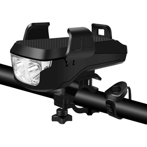 4 En 1 Lumière De Vélo,éclairage Avant Rechargeable Par Usb Avec Batterie Grande Capacité 4000mah, Trois Modes D'éclairage, Klaxon De Vélo, Indicateur De Batterie Et Support De Téléphone De Vélo(Noir) (1/4)