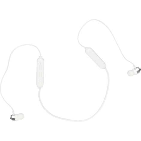 Kabellose Bluetooth-Kopfhörer mit integriertem Mikrofon, ideal für Sport und mit Geräuschunterdrückung. Die Kopfhörer werden mit einem Nackenbügel und weißen Ohrstöpseln geliefert. (1/5)