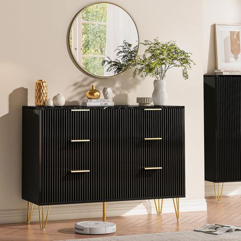 WUMAGIN -Commode à 6 tiroirs - 100x74x34cm - Design nordique moderne - Pour le salon, la cuisine et la salle à manger - Bois massif - Noir