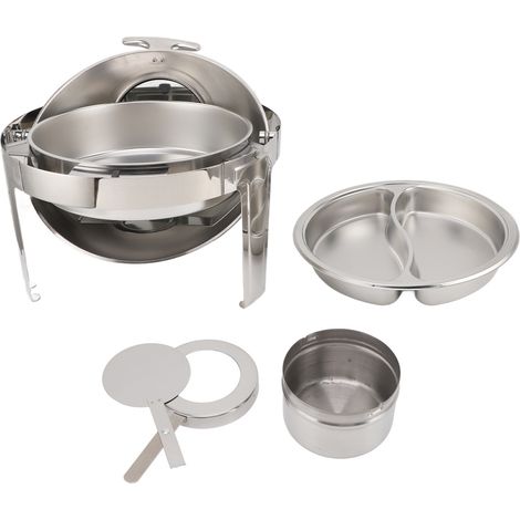 Chauffe-plat en acier inoxydable 6L pour buffet, réchaud à alcool avec couvercle en verre visible, plateau rond à deux compartiments. (1/5)