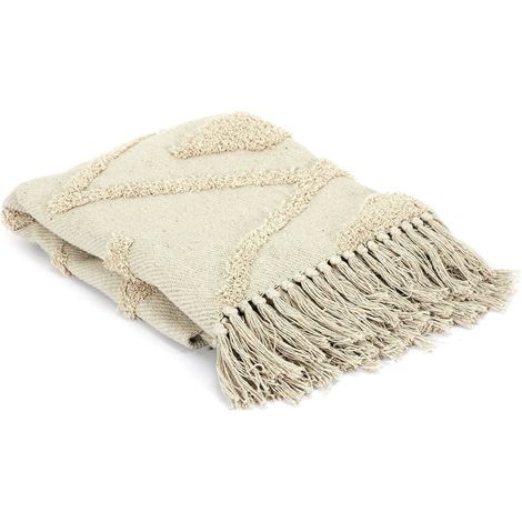 Couverture bohème en coton Bali 120x150 cm beige à franges (1/5)