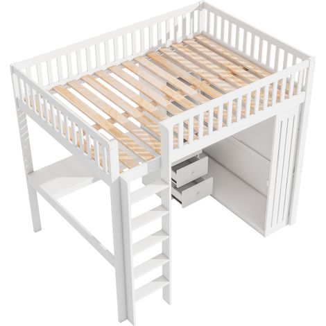 Cama alta 140 x 200 cm con escritorio, armario, 3 cajones y escalera, blanca (1/5)