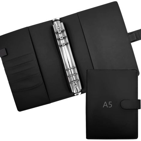 Classeur à Anneaux A5 Rechargeable Classeur 6 Anneaux Cuir Couverture de Carnet de Notes Couverture Budget Enveloppe pour Recharge Agenda A5,Planificateur-Noir (1/5)