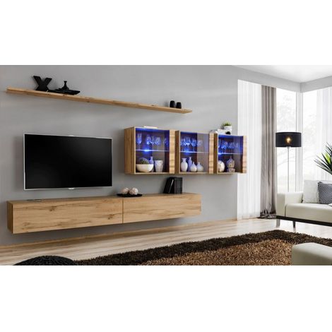 Ensemble mural - Switch XVII - 3 vitrines LED - 2 banc TV - 2 étagères - Bois - Livraison gratuite