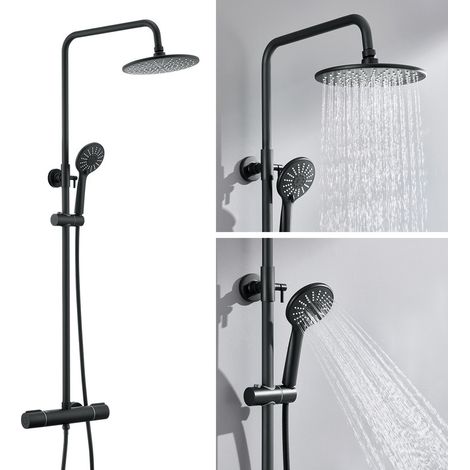 Auralum Colonne Douche Thermostatique Noir avec Mitigeur Thermostatique de 38°C,Colonne Douche Réglable Hauteur 840-1210mm,Tête Douche/Pommeau à Main 3 Jets (1/5)