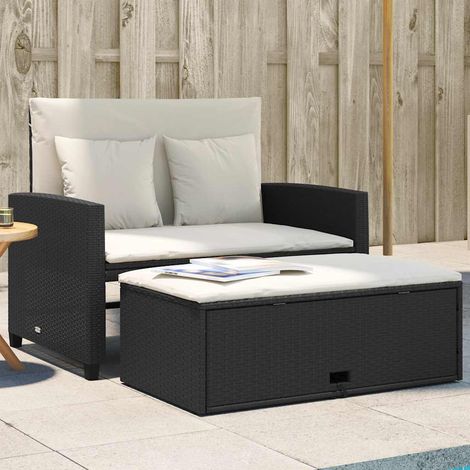 Canapé de Jardin 2 Places Convertible en Résine Tressée Noir avec Repose-Pieds et Coussins - PANGIVO (1/5)