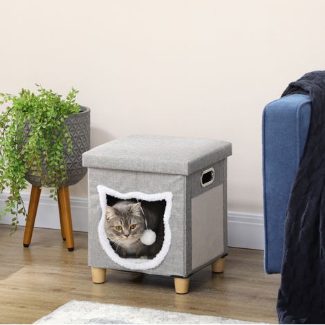 Nicho para gato de MDF, cojín, rascador y pelota, gris DESVIAE (1/5)