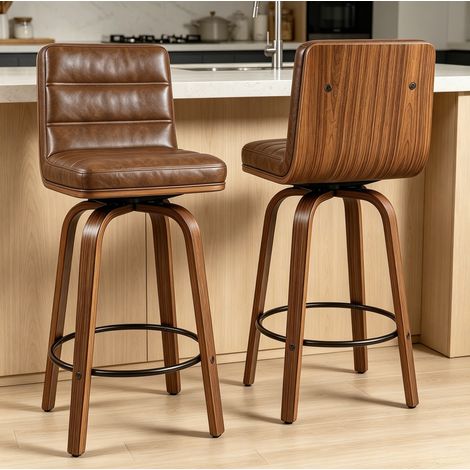 Pack de 2 taburetes de bar giratorios 360° de PU, patas de haya, marrón rojizo OKMYHOME (1/5)