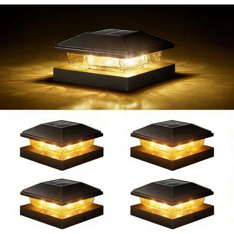 Lot de 4 lampes solaires de 10 x 10 cm pour poteaux de clôture d'extérieur avec lumière blanche chaude, lampes solaires étanches pour poteaux en vinyle/bois pour décoration de clôtures (1/5)