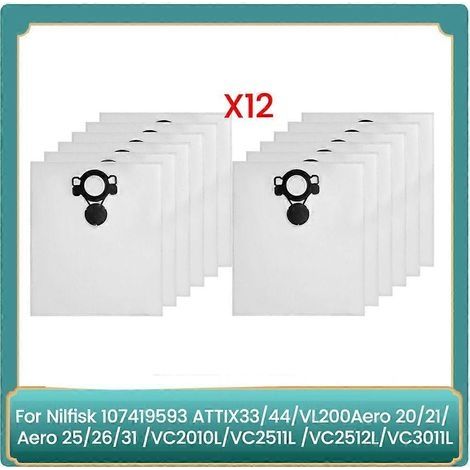 Lot de 12 sacs à poussière pour aspirateurs Nilfisk 107419593 ATTIX33/44, VL200Aero 20/21, Aero 25/26/31, VC2010L/VC2511 (1/5)