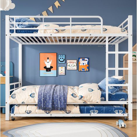 Metall-Etagenbett 90x200 cm mit Ausziehbett 90x190 cm, Rollen, Weiß (1/5)
