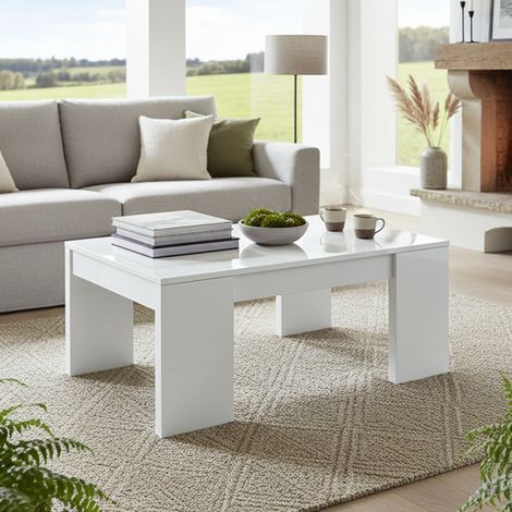 Dmora - Mesa de centro Dgollin, Mesa de centro con tapa elevable, Mesa de centro para la sala de estar, 100x50h43/84 cm, Blanco brillante (1/5)