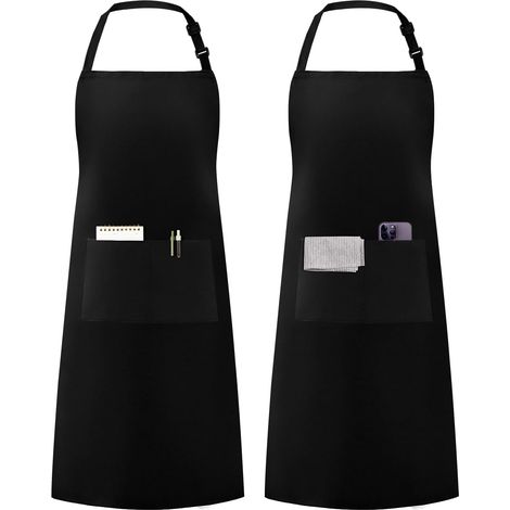 Lot de 2 tabliers réglables résistants aux chutes d'eau avec 2 poches pour la cuisine - Pour homme et femme - Noir (1/5)