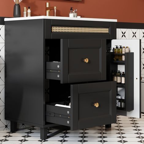 Lavabo autonome 76 × 46 × 86,5 cm. Rails de tiroirs silencieux, portes fermeture douce, poignées dorées, décor rotin, cuvette céramique noire. (1/5)