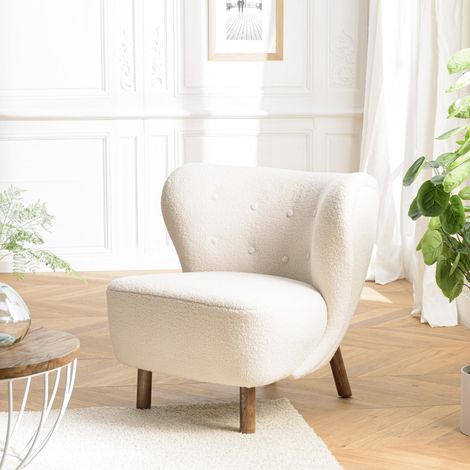 GASTON - Fauteuil en tissu bouclette blanc dossier capitonné arrondi (1/5)