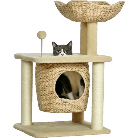 Katzenkratzbaum aus Natursisal mit 1 Nestkorb, Pompon-Plüsch, Hyazinthe, 45 x 40 x 74 cm, beige