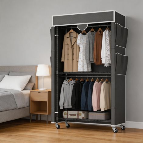 Portant à Vêtements sur Roulettes, 90 x 45 x 204 cm Penderie en Métal, Vestiaire, avec Étagères Réglables, Tringles, couverture, Construction acier carbone, Gris