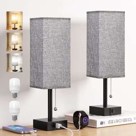 Lampe de chevet avec variateur - DOK - Lot de 2 - 3 modes couleurs - USB A+C - Ampoule LED incluse - Chaîne classe F (1/5)
