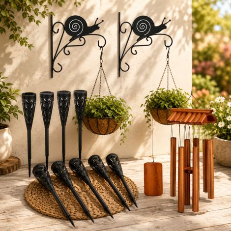 Conjunto de decoración para jardín «Tranquil» (3 piezas): soportes colgantes con forma de caracol, campana de viento de bambú y luz solar (1/5)