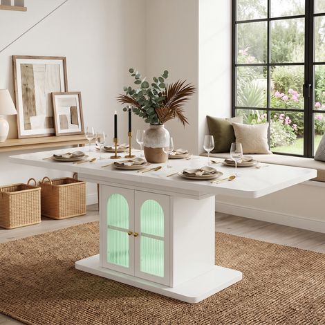 Table à manger extensible 150/200x80 cm, 6-8, rangement, plateau 2,4 cm, LED app, style scandinave familial, blanc marbre (1/5)