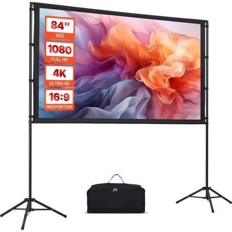 Écran de Projection de 213,4 cm avec 2 Trépieds, Toile de Projection Portable et Infroissable, Grand Angle de Vision 160°, 16:9 4K HD, avec Sac de Transport, pour Vidéoprojecteurs Cinéma Maison (1/5)