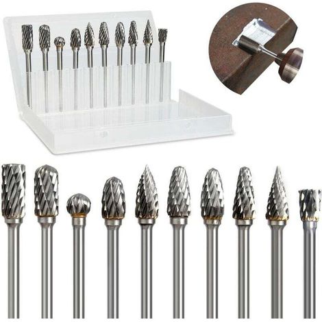 Ensemble de Fraises Rotatives Carbure de Tungstène Double Tranchant pour Outil rotatif, Mèches de meuleuse Tige 1/8”, Tête de meulage Bricolage, Travail du Bois et Métal, Gravure, Perçage, Pol (1/4)