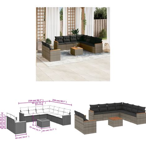 10-tlg. Garten-Sofagarnitur mit Kissen Grau Poly Rattan - Gartenmöbel Set - Esszimmergarnitur - Outdoor Möbel - Lounge Sofa - Rattan Gartenmöbel - Home & Living (1/3)