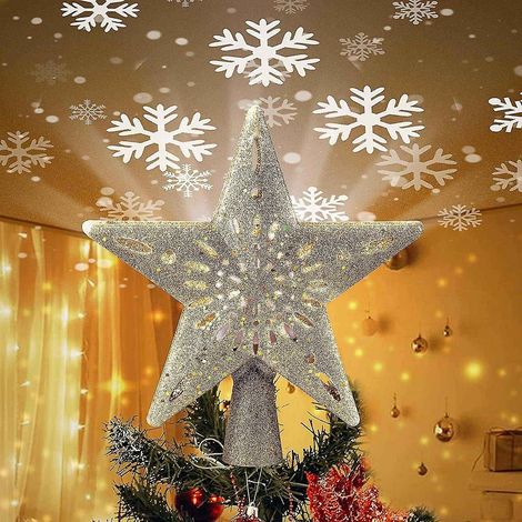 Étoile de Noël pour sapin avec projecteur de flocons de neige LED intégré, pentagramme creux de 25 cm (10 pouces). (1/5)