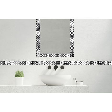 Frise adhésive décorative autocollante 5cm x 300cm – Motif carreaux de ciment noir et blanc – Décoration murale intérieure – Facile à poser – Plage