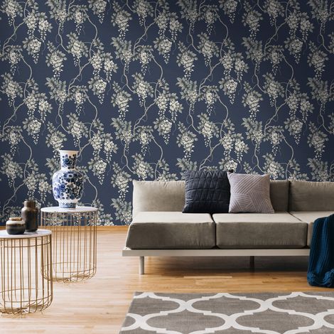 Papier peint intissé Wisteria Navy 1005 x 52cm Bleu, vert, gris (1/5)