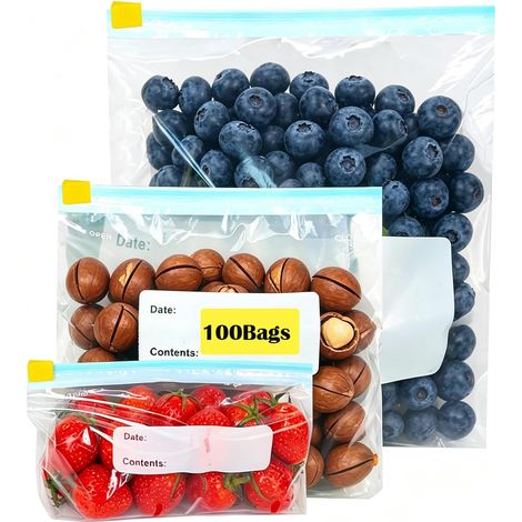 100 Pack Food Freezer Bags 3 Sizes Reusable Sandwich Bags with Expandable Bottom Food Bags Heavy Duty Zipper Food Bags for Fruit, Vegetable, Meat (1/5)