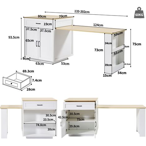 Table bar extensible blanc 133-202×70×93,5cm avec tiroirs et compartiments,îlot pour 2 à 6 personnes et rangement latéral.