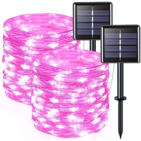 Lot de 2 guirlandes lumineuses solaires d'extérieur, fil de cuivre, étanches, 7 mètres par guirlande, 50 LED (lumière rose)