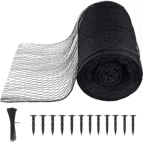 Filet de jardin en polyéthylène noir de 6 m x 12 m, maille de 1,2 cm, avec piquets de sol, protège les étangs des feuilles, des oiseaux et des débris (1/5)