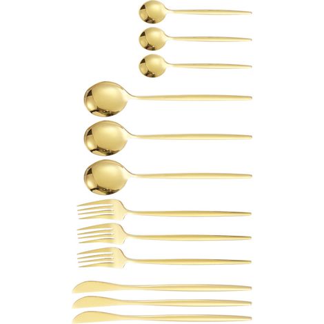 Ensemble de couverts 12 pièces (cuillères, couteaux, fourchettes) en acier inoxydable 410 brillant, finition dorée, idéal pour la maison et le restaurant. (1/5)