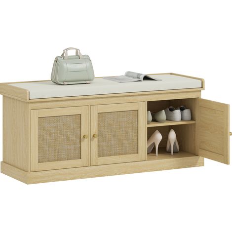 Banc chaussures entrée - HOMCOM - 3 portes en rotin, coussin et étagère réglable - MDF - 105x35x47cm - chêne (1/5)