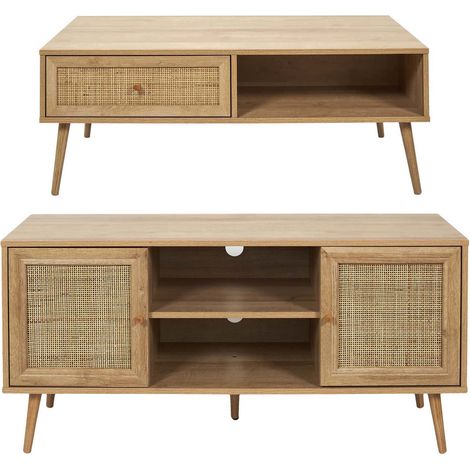 Set meuble TV en bois 2 portes et table basse 1 tiroir Bali