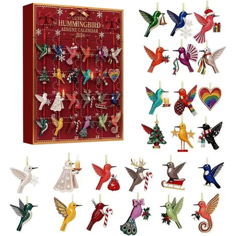 Adventskalender 2026 – 24-teilig – verschiedene Farben – Acryl – 8 cm flache Anhänger – Kolibri-Weihnachtsmotiv – Christbaumschmuck – geeignet für Weihnachten und als Dekoration (1/5)