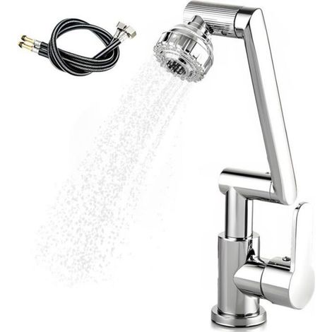 Mitigeur avec régulateur de débit à 1080°, 2 modes de jet, flexible de raccordement eau chaude et froide de 60 cm - Argent (1/5)
