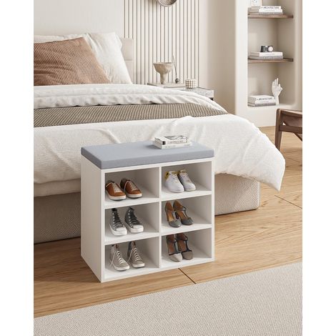 Banc d'entrée rangement chaussures 30x60x52,7 cm – Panneaux de particules – Coussin 4 cm – Charge 150 kg – Blanc-gris (1/5)