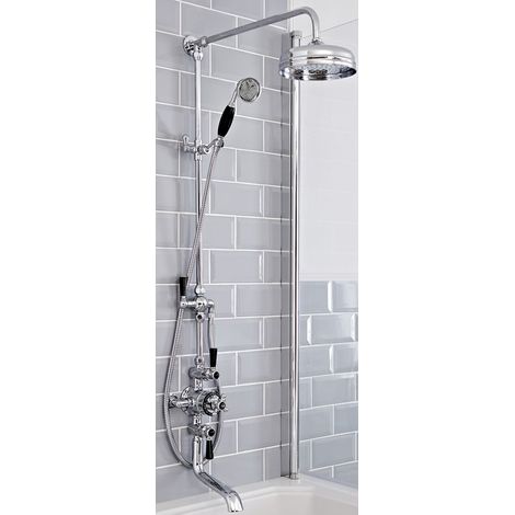 Milano Elizabeth Grand Rigid Riser with 3 Outlet Exposed Triple Thermostatic Mixer Shower Valve  Round Rainfall Shower Head  Hand Shower Handset and Bath Spout - Chrome & Black (1/5)