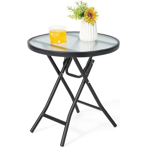 Table de jardin pliante, table de bistro avec plateau en verre et structure en métal, table d'appoint ronde, pour balcon, terrasse (transparente, ronde, φ46 x 47 cm (H))