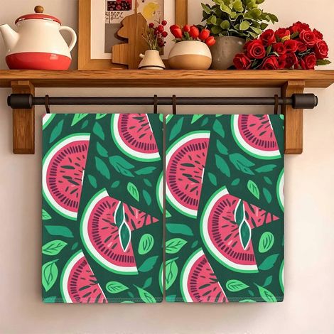 2pcs Polyester Towel Dark Green Watermelon Leaf Print Dual Use Kitchen Bathroom Literary Holiday Decor Nice Gift for Christmas Halloween Thanksgiving (1/4)