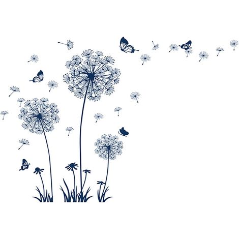 Sticker mural motif pissenlit bleu, 30 x 90 cm, 2 feuilles, décoration florale