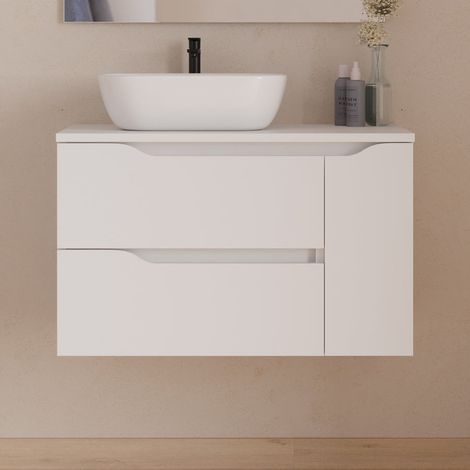 Meuble de salle de bain 80cm avec plateau et vasque à poser déportée à gauche Zeus - sans miroir - 2 tiroirs et un placard - blanc - ZARZA