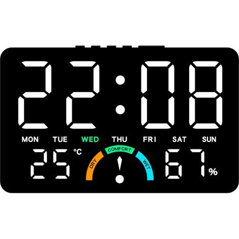 Silent digital clock with temperature, humidity and comfort displayHigh quality, the ideal choice for families.