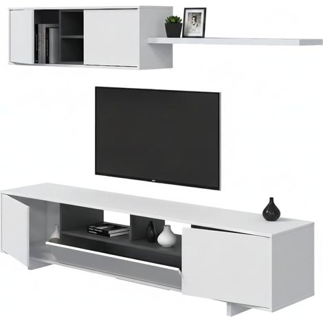 Dmora – Meuble TV blanc brillant 260x41x46 cm – Paroi aménagée avec meuble haut – 2 portes battantes et étagères ouvertes – Panneau mélaminé résistant - 260x41h46