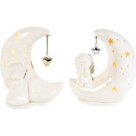 Set da 2 Statuine Natalizie Angeli in Ceramica su Luna Luminosa Decorazione di Natale per la Casa Idea Regalo (1/3)