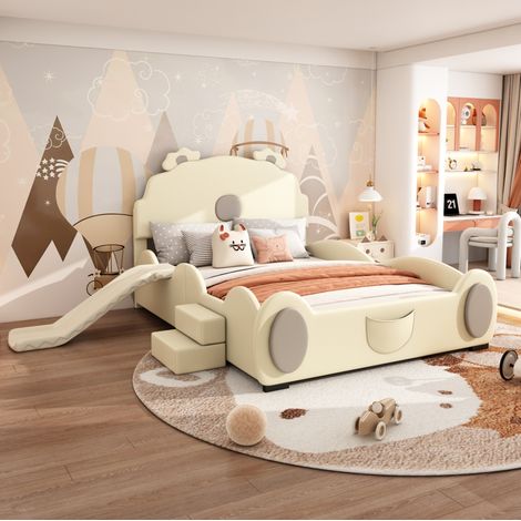Letto bambino 140x200 cm con scivolo e design adorabile, senza materasso, beige (1/5)